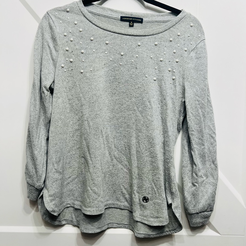 Adrienne Vittadini Light Gray Sweatshirt with Pearl Details